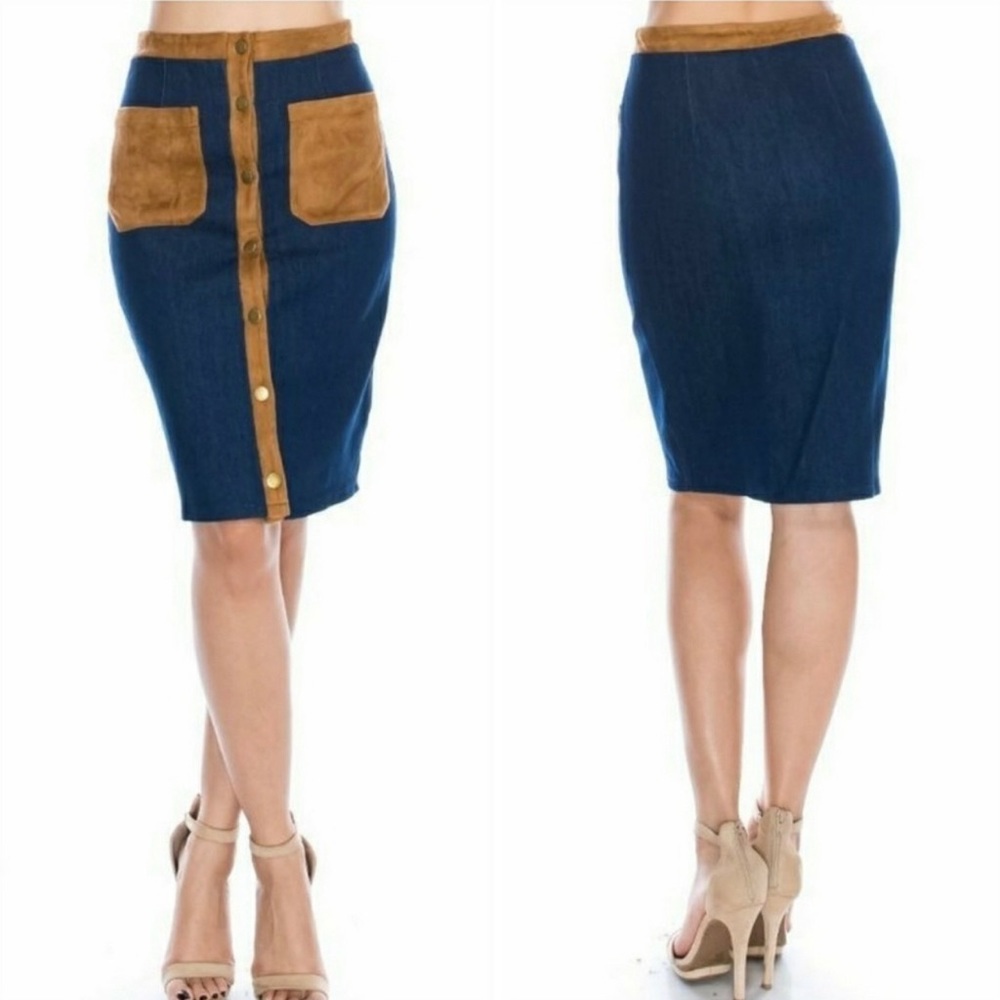NWOT Milkyway Denim Pencil Skirt with Suede Pockets, M